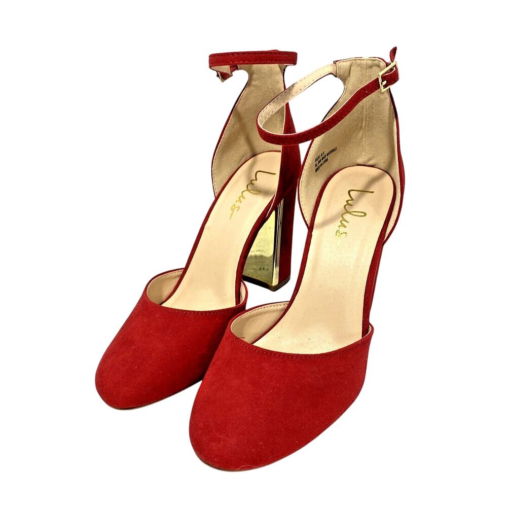 Lulus Red High Heels Faux Suede Gold Trim Ankle Straps Dressy Sexy Shoes US 8.5M